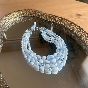 Vintage Women’s Statement Necklace Blue White Multi Strand glass Beaded